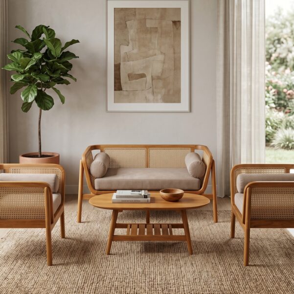 Shailendra Sofa Set – Premium Architectural Teak & Rattan Living Room Collection