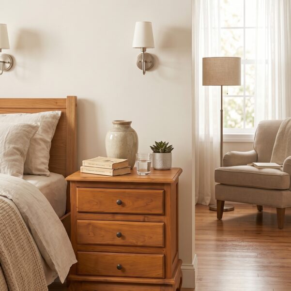 Bakau Bed Side Table – Premium Architectural Solid Teak Triple-Drawer Nightstand