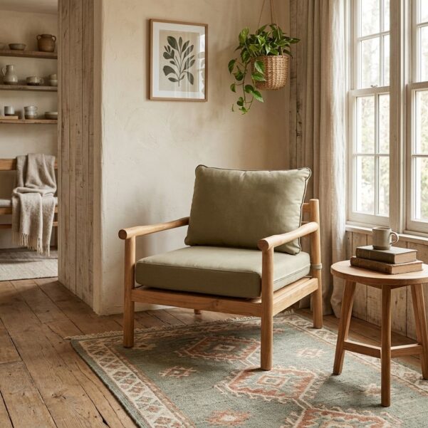 Solid Teak Living Room Armchair – Architectural Minimalist Accent Lounge Chair