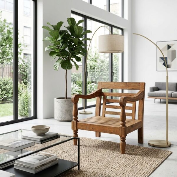 Modern Classic Solid Wood Square Armchair – Artisanal Slatted Back Single Sofa Lounge Chair