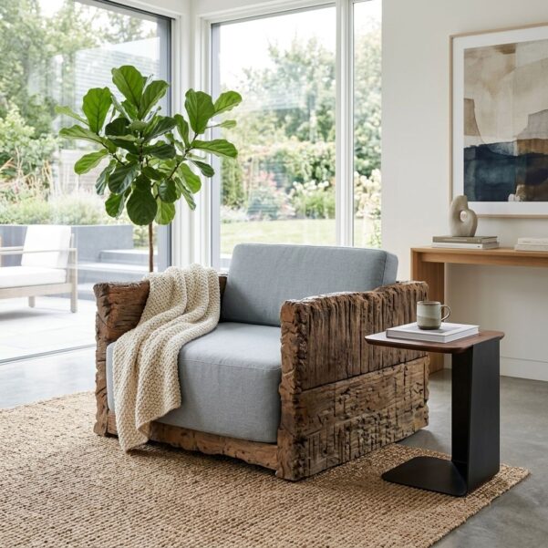 Modern Square Teak Wood Single Sofa Armchair – Architectural Live-Edge Solid Timber Luxury Lounge Chair