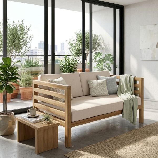 Modern Solid Wood Sectional Sofa – Architectural Slatted Frame Loveseat Daybed