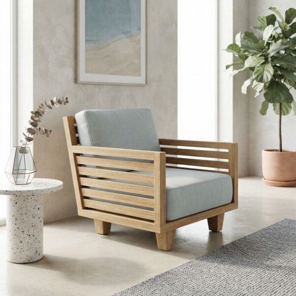 Premium Wooden Sunrise Single Sofa – Minimalist Solid Teak Wood Living Room Armchair