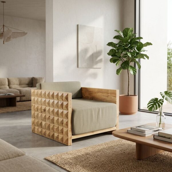 Dice Single Sofa – Modern Architectural Solid Teak Armchair with 3D Geometric Carved Relief