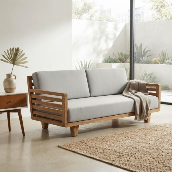 Premium Solid Teak Wood Modern Minimalist Sofa – Architectural Slatted Daybed Couch