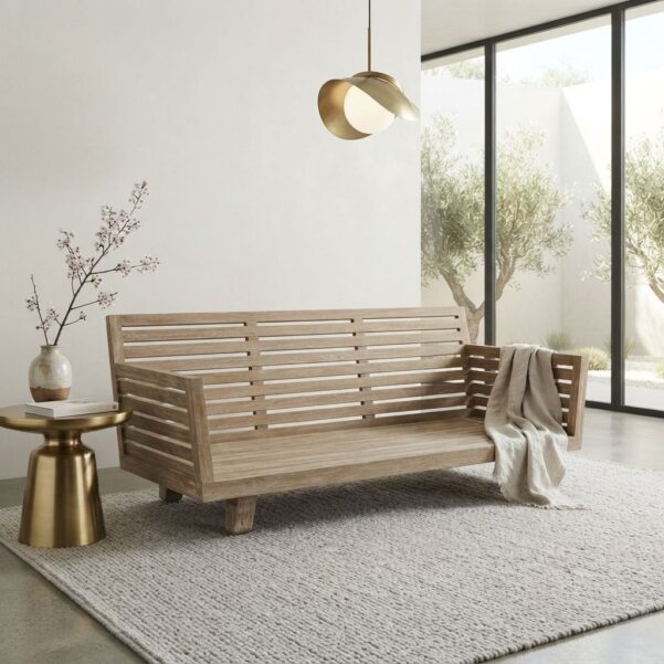 Premium Wooden Slatted Sofa Frame – Minimalist Solid Teak Daybed Bench