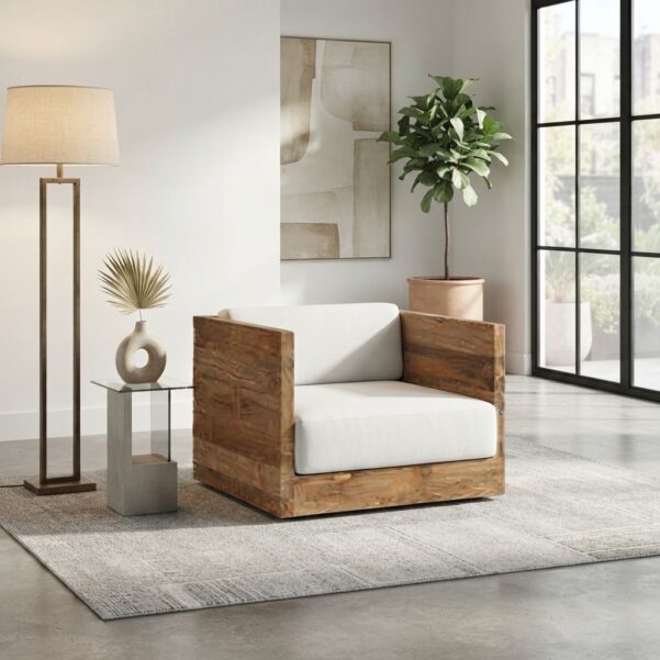 Premium Teak Wood Cube Single Sofa Armchair – Architectural Minimalist Solid Timber Lounge Chair